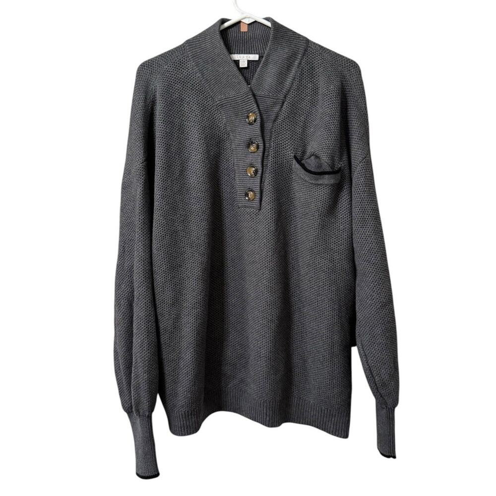 Lunya Women Knit Sweater Size L/XL Gray Buttons Long Sleeve V Neck Preppy Casual